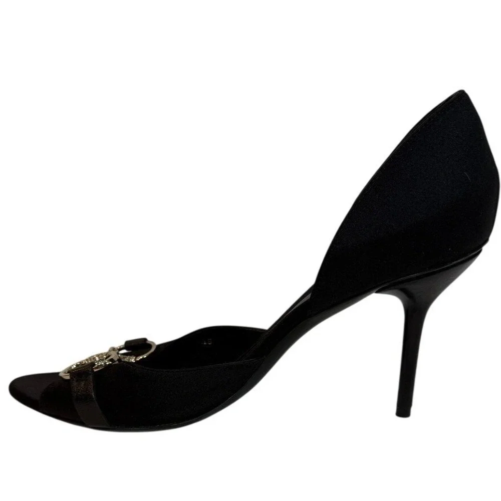 Gucci Black Satin Horsebit Crystal D'Orsay Open Toe Heels 9.5B Made in Italy